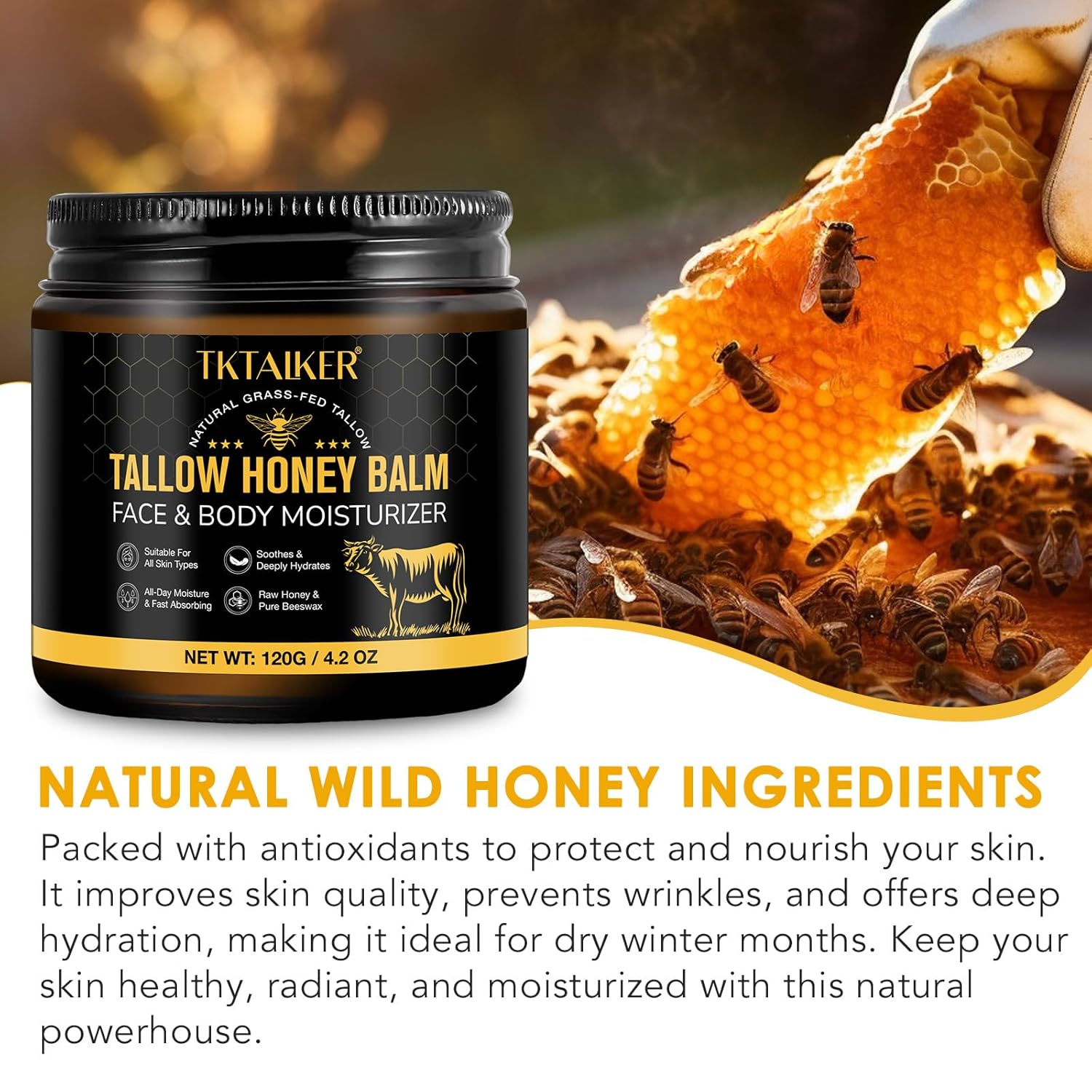 Beef Tallow for Skin, Beef Tallow for Face, Hydrating Tallow Balm with Raw Honey and Beeswax, Grass-Fed Beef Tallow & Raw Wild Honey Blend, Body & Face Moisturizer, Natural Formula, Light Scent