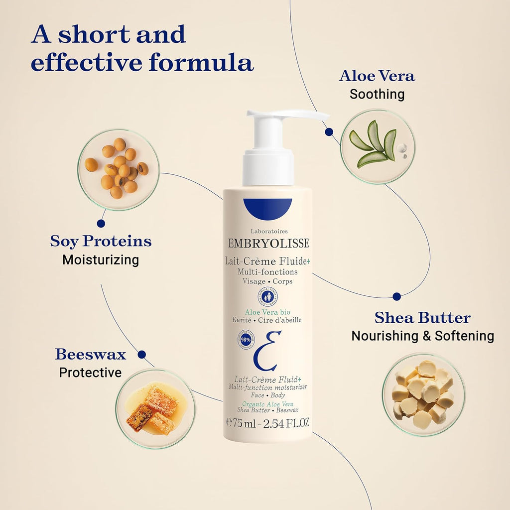 Embryolisse Lait-Crème Fluid+ Face & Body Cream, Multi-Use Lightweight Moisturizer with Shea Butter & Aloe Vera. Fast Absorbing, For All Skin Types
