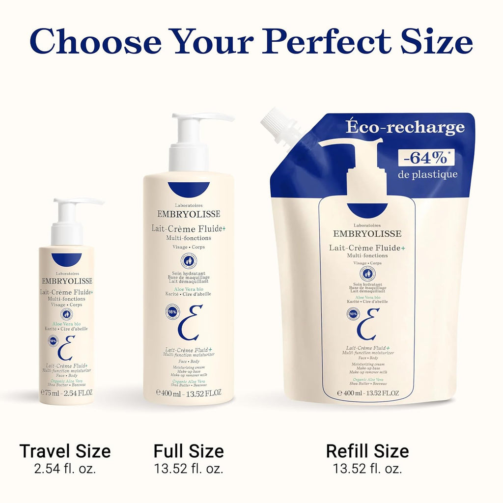 Embryolisse Lait-Crème Fluid+ Face & Body Cream, Multi-Use Lightweight Moisturizer with Shea Butter & Aloe Vera. Fast Absorbing, For All Skin Types