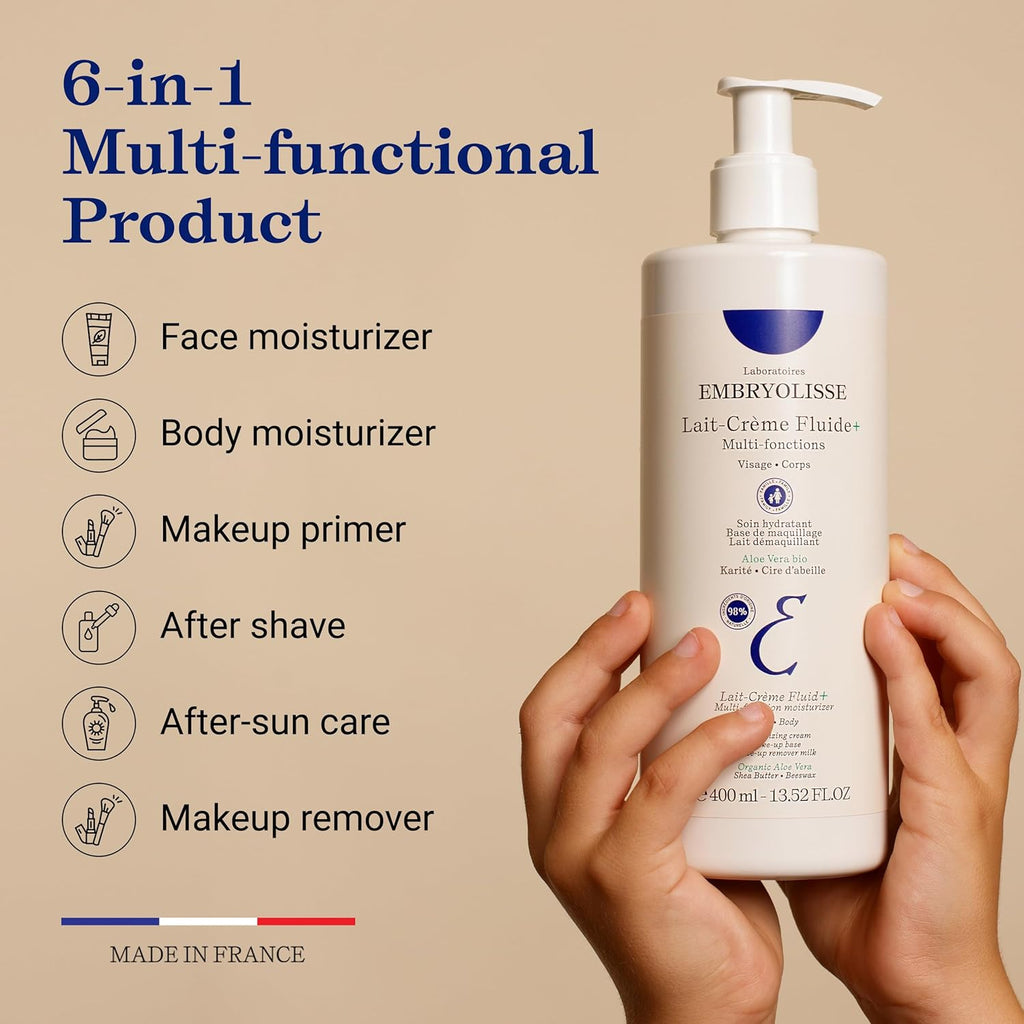 Embryolisse Lait-Crème Fluid+ Face & Body Cream, Multi-Use Lightweight Moisturizer with Shea Butter & Aloe Vera. Fast Absorbing, For All Skin Types